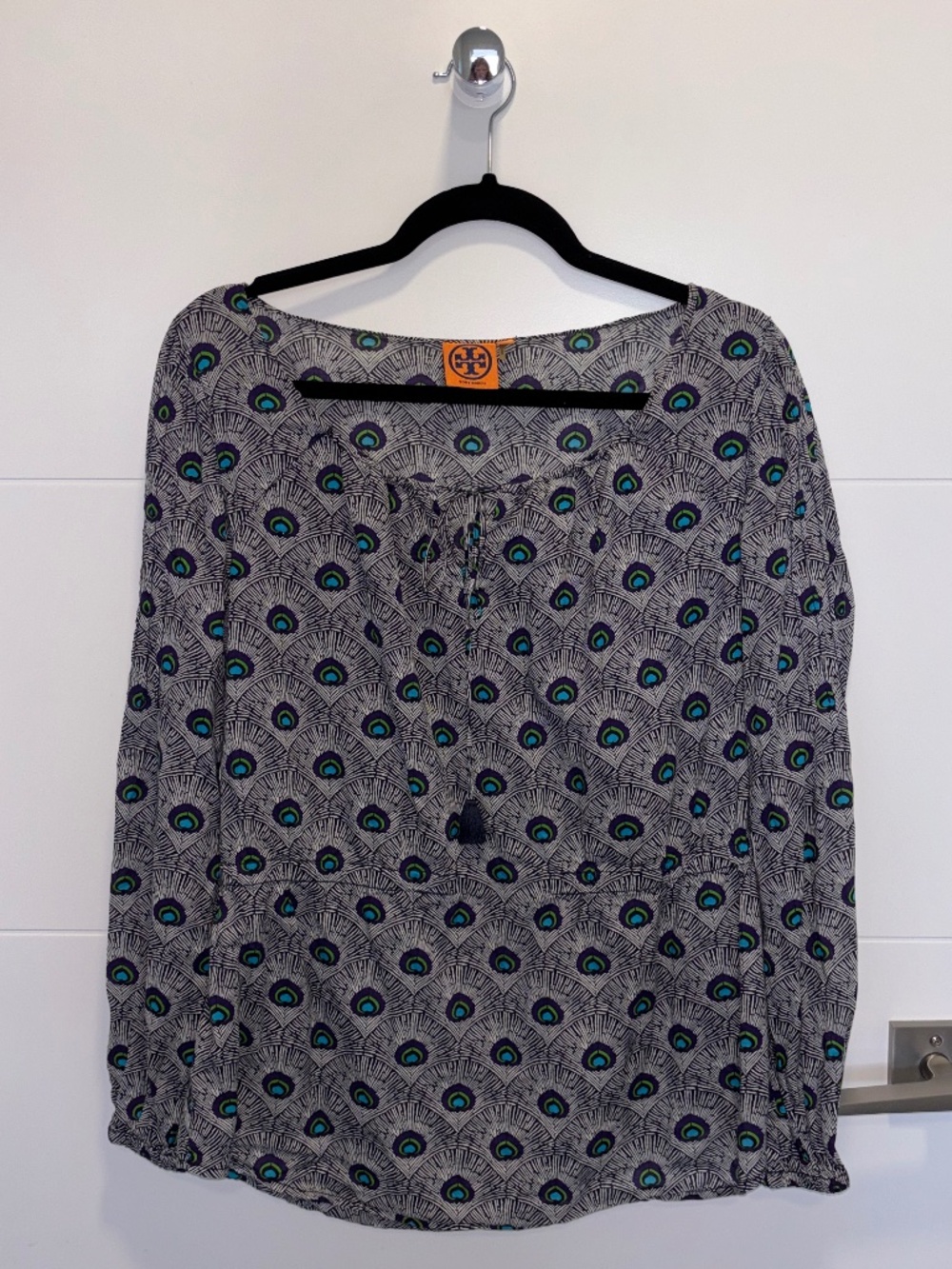 Tory Burch Evelina Peacock Print Cotton Peasant Blouse Size 6